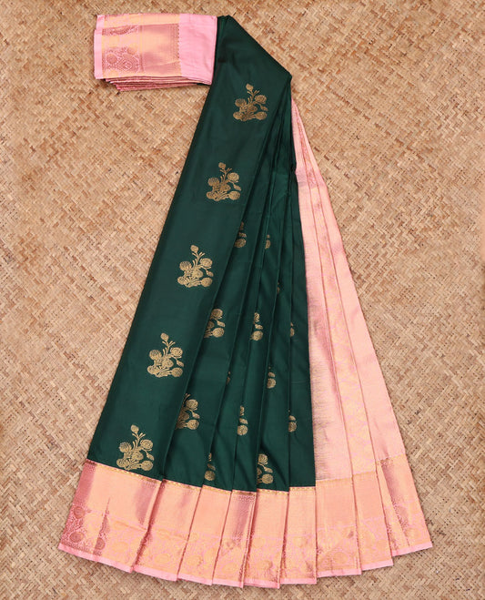 Green Budget Silk Saree, Detailed with Zari Buttas, Complemented by a Contrast Traditional Zari Border, Grand Pallu, and a Contrast Blouse