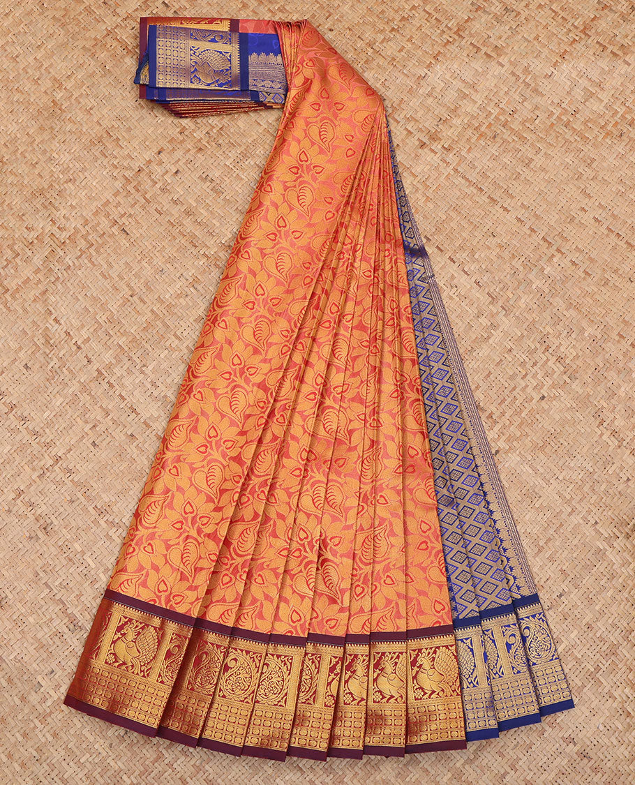Orange Budget Silk Saree, Graced with Jacquard Design, a Contrast Traditional Zari Border, Jaal Pallu, and a Contrast Blouse