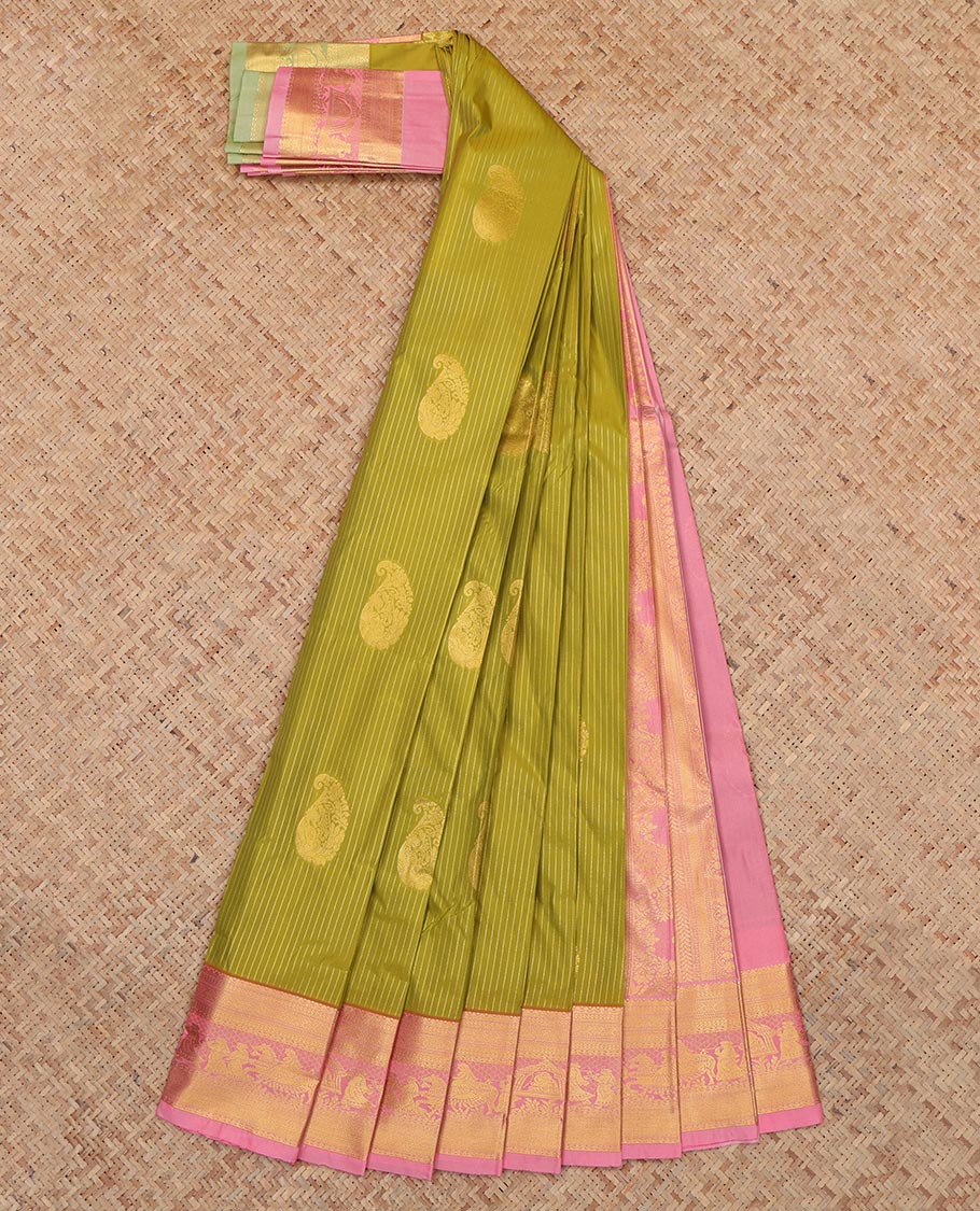 Green Budget Silk Saree, Adorned with Paisley Buttas and Stripes, a Contrast Traditional Wedding Themed Zari Border, a Grand Pallu and a Contrast Blouse