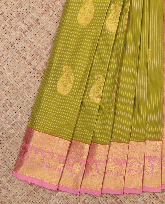 Green Budget Silk Saree, Adorned with Paisley Buttas and Stripes, a Contrast Traditional Wedding Themed Zari Border, a Grand Pallu and a Contrast Blouse