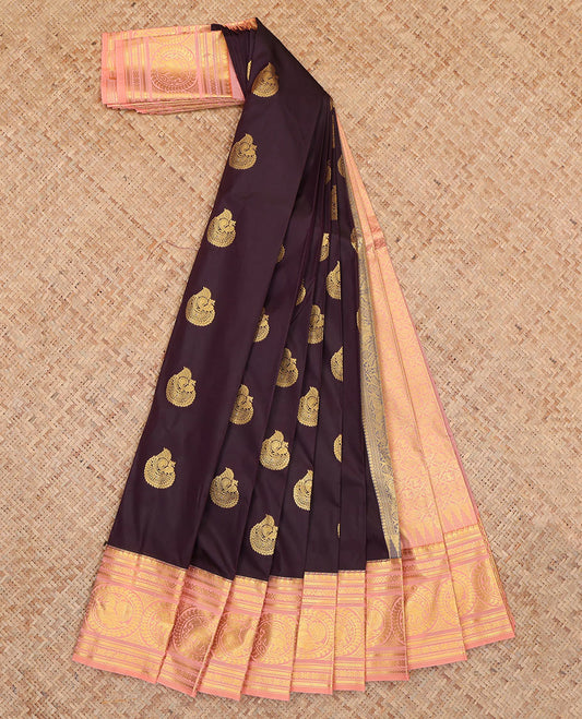 Wine Budget Silk Saree, Graced with Peacock Buttas and Stripes, Complemented by Contrast Traditional Zari Border, a Jaal Pallu and a Contrast Blouse