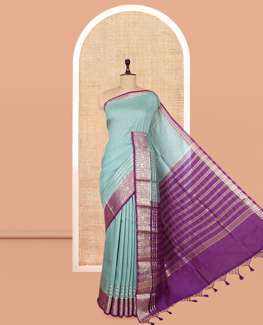 Blue Assam Silk Saree, Accentuated with Zari Stripes, Complemented by Contrast Traditional Zari Border,  Zari Woven Pallu, and Contrast Blouse