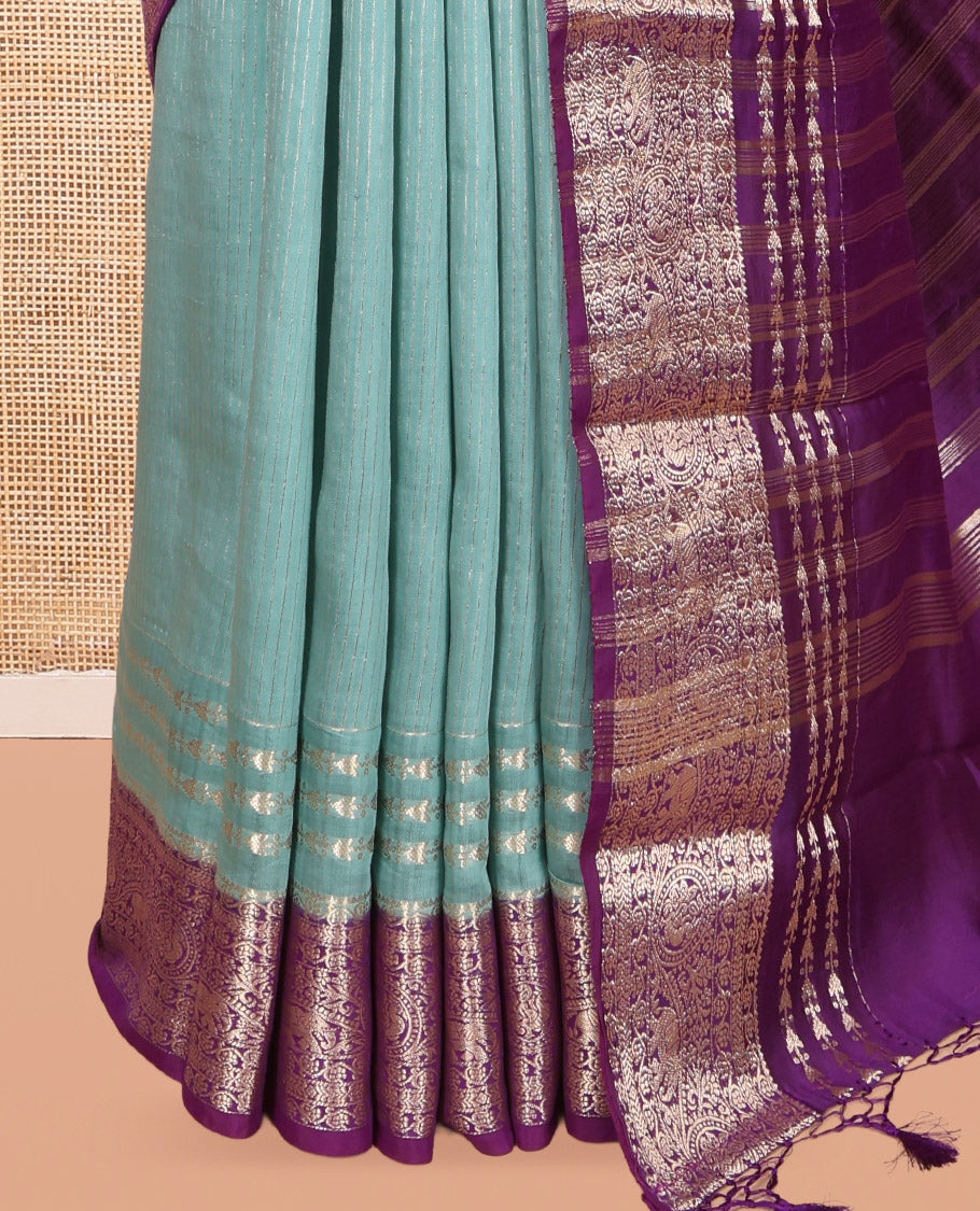 Blue Assam Silk Saree, Accentuated with Zari Stripes, Complemented by Contrast Traditional Zari Border,  Zari Woven Pallu, and Contrast Blouse