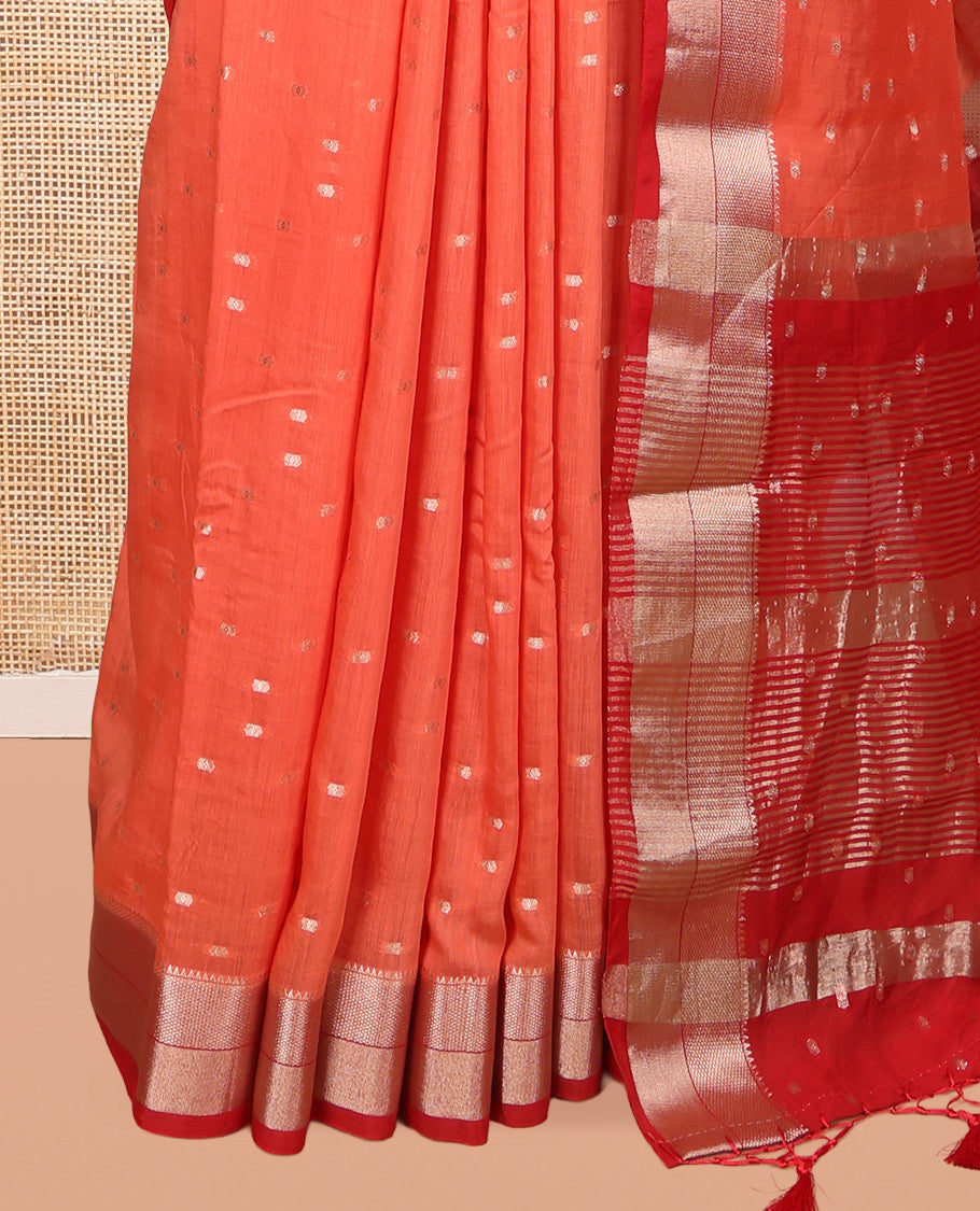 Orange Assam Silk Saree, Spotlighted with Zari Buttas, Complemented by Contrast Zari Border,  Zari Woven Pallu, and Contrast Blouse