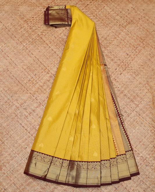 Mustard Budget Silk Saree, Woven with Zari Buttas and Checks, a Contrast Traditional Zari Border, Grand Pallu, and a Contrast Blouse