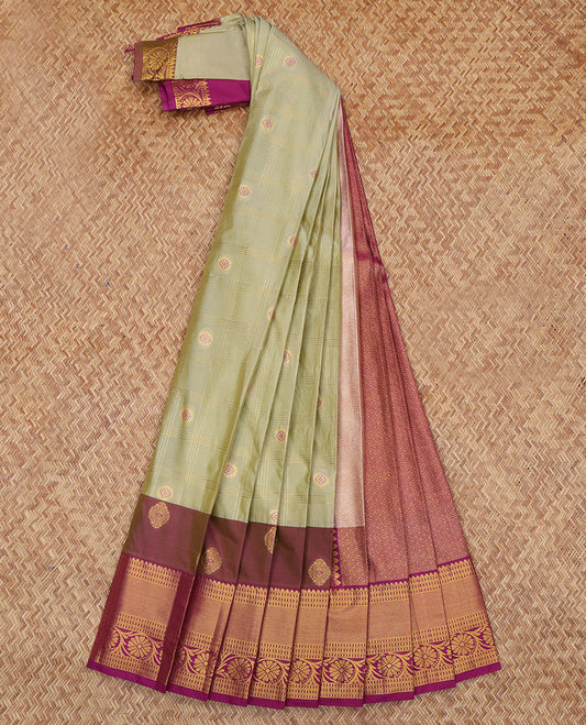 Green Budget Silk Saree, Graced with Zari Butta Enclosed Checks, Complemented by a Contrast Traditional Zari Border, Grand Jaal Pallu, and Contrast Blouse