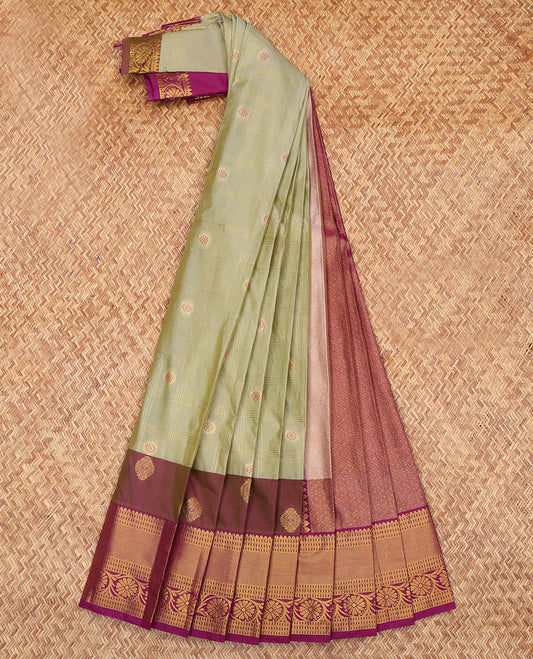Green Budget Silk Saree, Graced with Zari Butta Enclosed Checks, Complemented by a Contrast Traditional Zari Border, Grand Jaal Pallu, and Contrast Blouse