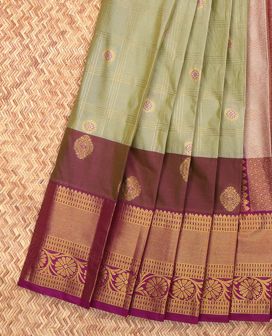 Green Budget Silk Saree, Graced with Zari Butta Enclosed Checks, Complemented by a Contrast Traditional Zari Border, Grand Jaal Pallu, and Contrast Blouse