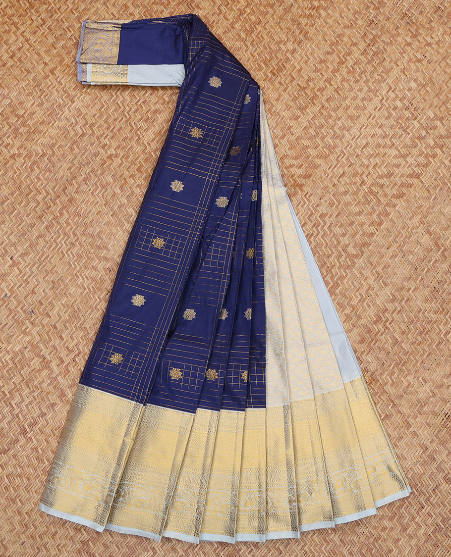 Blue Budget Silk Saree, Graced with Zari Buttas, a Contrast Traditional Zari Border, Grand Pallu, and a Contrast Blouse