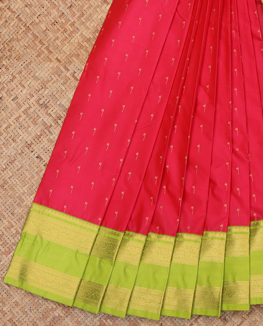 Red Budget Silk Saree, Elevated with Zari Buttas, a Contrast Traditional Zari Rettai Pettu Border, Grand Jaal Pallu, and a Contrast Blouse