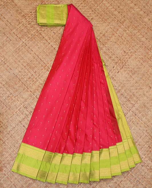 Red Budget Silk Saree, Elevated with Zari Buttas, a Contrast Traditional Zari Rettai Pettu Border, Grand Jaal Pallu, and a Contrast Blouse