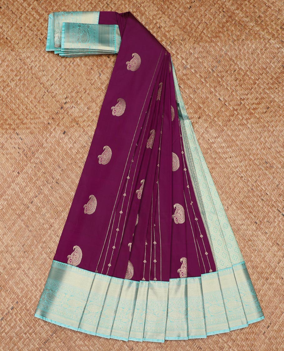 Purple zari design gift saree, contrast traditional zari design border, and jaal pallu