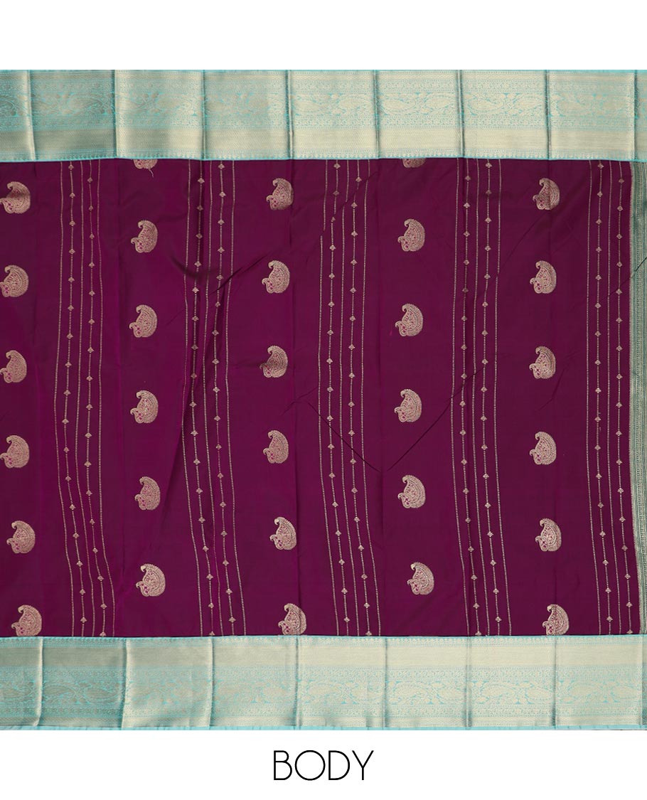 Purple zari design gift saree, contrast traditional zari design border, and jaal pallu