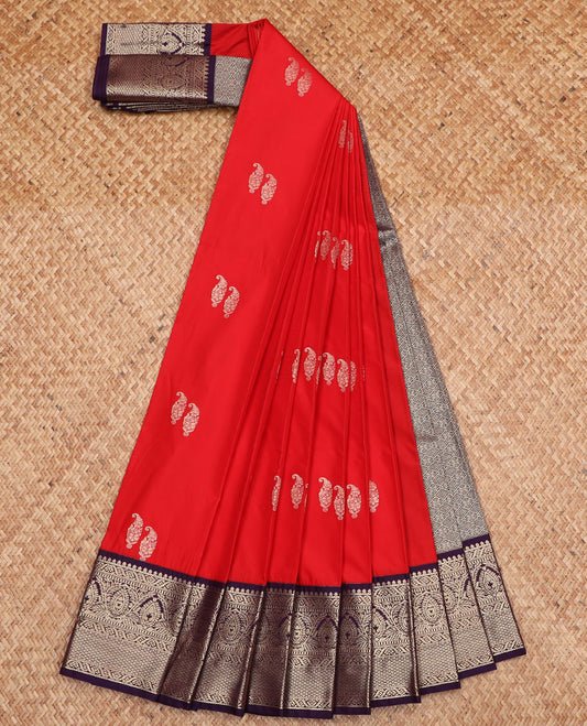 Red paisley zari buttas gift saree, contrast contrast traditional zari designs border, and pallu of jaal design
