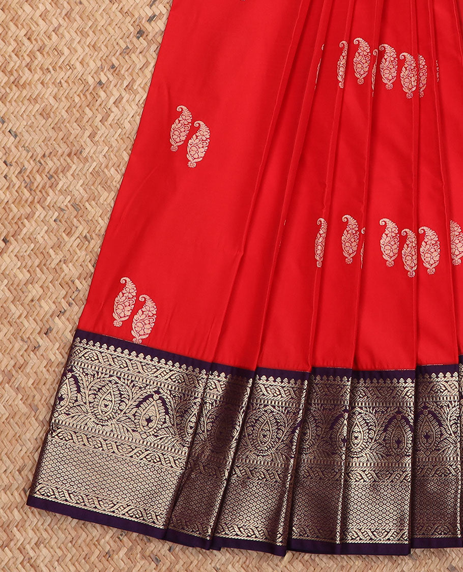 Red paisley zari buttas gift saree, contrast contrast traditional zari designs border, and pallu of jaal design