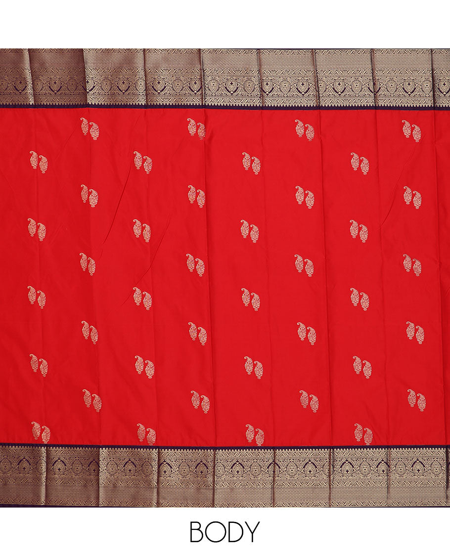 Red paisley zari buttas gift saree, contrast contrast traditional zari designs border, and pallu of jaal design