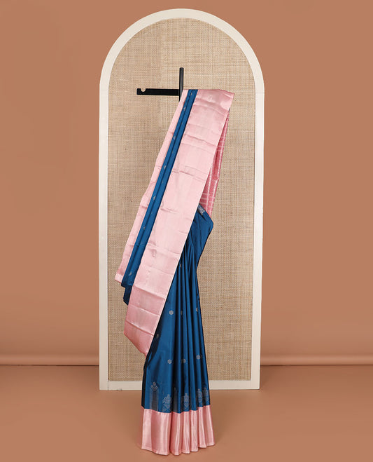 Blue zari buttas gift saree, contrast traditional zari design border, and chevron striped pallu