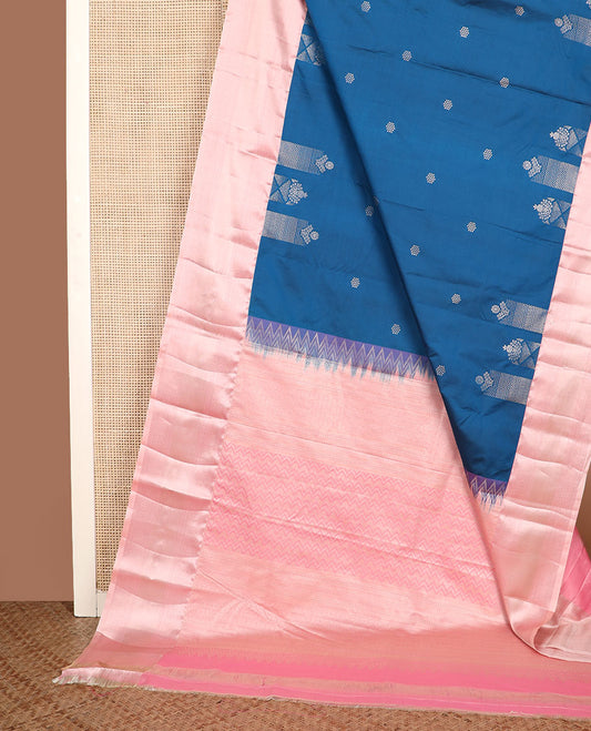 Blue zari buttas gift saree, contrast traditional zari design border, and chevron striped pallu