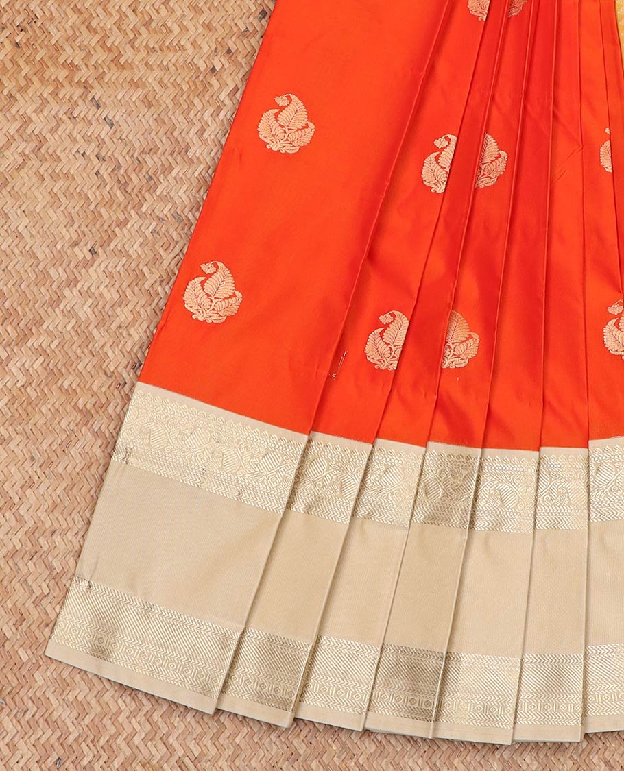Orange zari buttas gift saree, contrast traditional zari design rettai pettu border, and jaal pallu