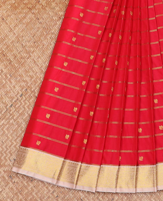 Red striped and peacock buttas gift saree, contrast traditional zari design border, and jaal pallu