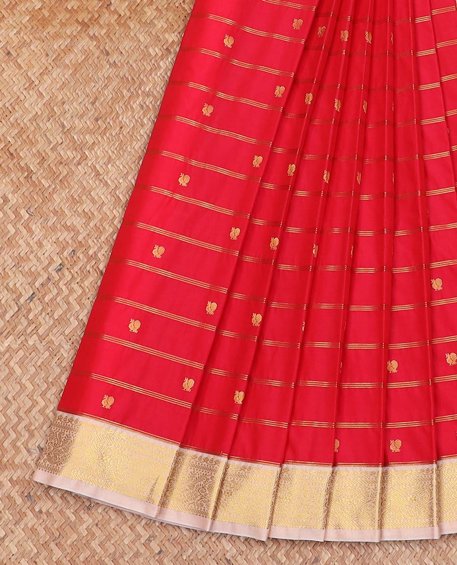 Red striped and peacock buttas gift saree, contrast traditional zari design border, and jaal pallu