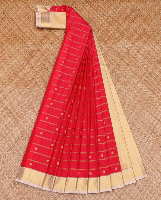 Red striped and peacock buttas gift saree, contrast traditional zari design border, and jaal pallu