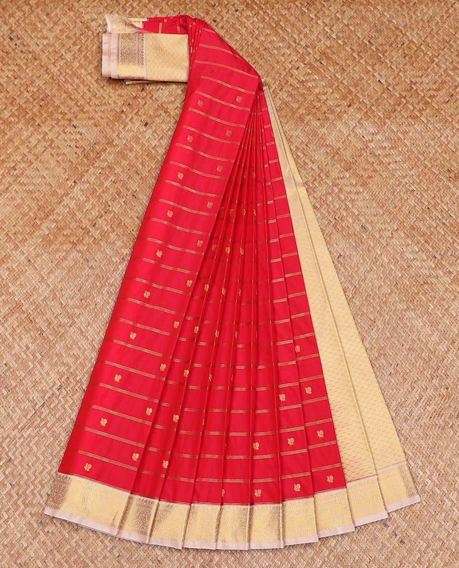 Red striped and peacock buttas gift saree, contrast traditional zari design border, and jaal pallu