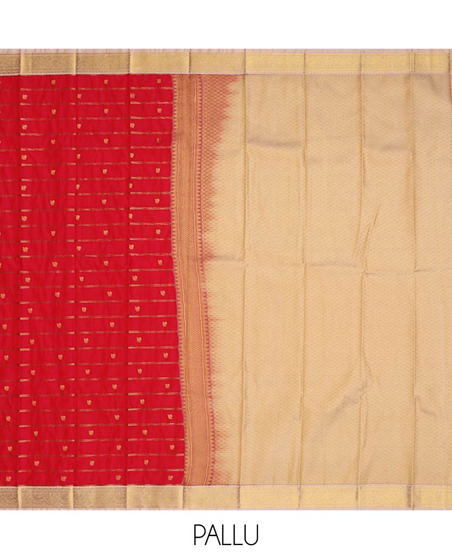 Red striped and peacock buttas gift saree, contrast traditional zari design border, and jaal pallu