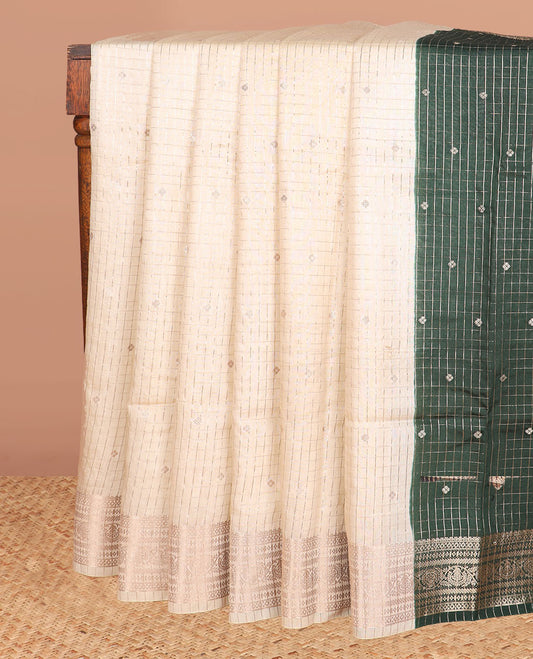 Sandal zari buttas and checked assam silk saree, traditional zari border, and contrast zari design pallu