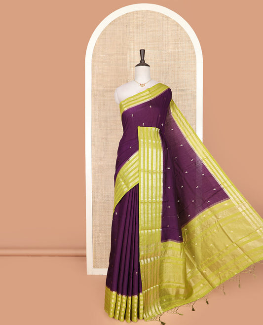 Purple zari buttas assam silk saree, contrast traditional zari motifs woven border, and zari striped pallu