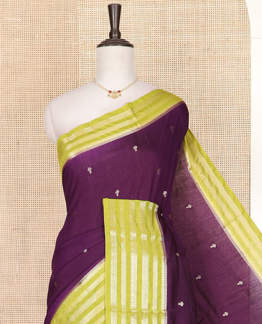 Purple zari buttas assam silk saree, contrast traditional zari motifs woven border, and zari striped pallu