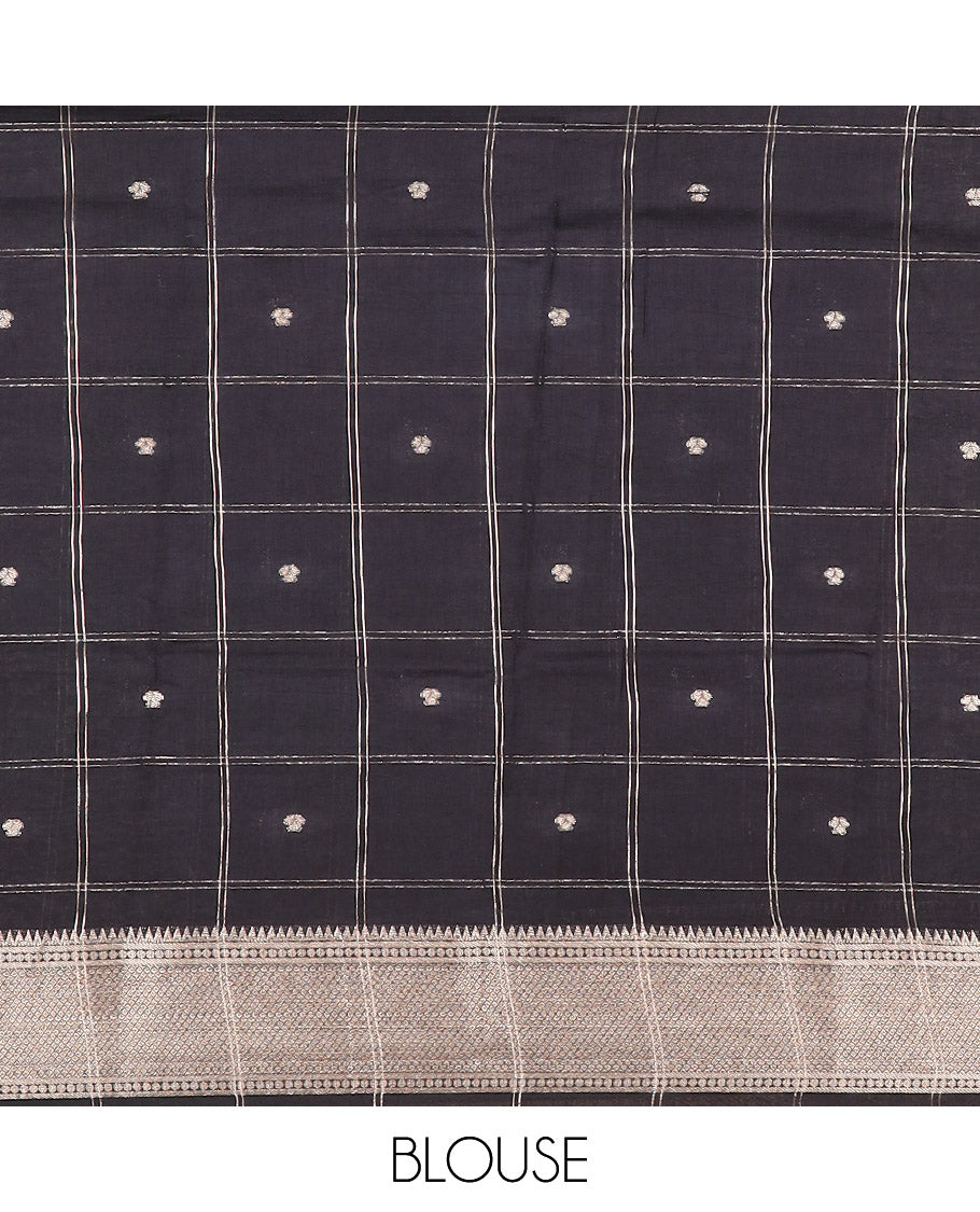 Blue zari butta enclosed checked Assam silk saree, contrast traditional zari design border, and pallu of zari design