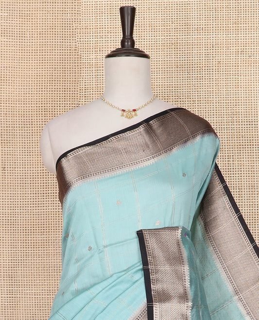Blue zari butta enclosed checked Assam silk saree, contrast traditional zari design border, and pallu of zari design