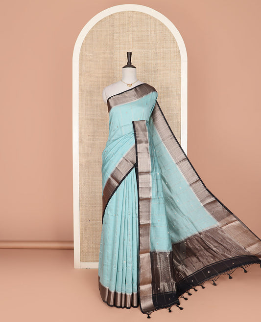Blue zari butta enclosed checked Assam silk saree, contrast traditional zari design border, and pallu of zari design
