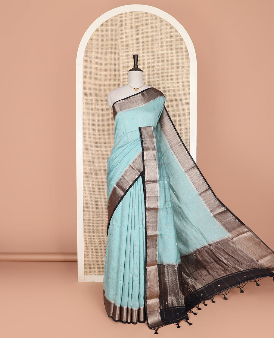 Blue zari butta enclosed checked Assam silk saree, contrast traditional zari design border, and pallu of zari design