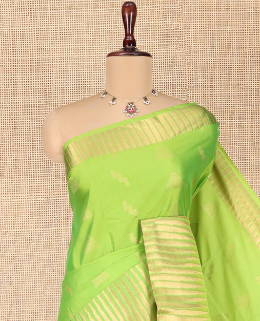Parrot Green Budget Silk Saree, Sparsely Woven with Zari Buttas All Over Its Body, Highlighted by Temple Zari Border, Gleaming Chevron-Patterned Pallu, and Paired with a Matching Blouse