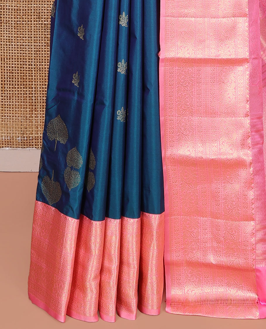 Blue Budget Silk Saree, Beautified with Tree Zari Buttas on Its Body, Complemented by a Contrast Traditional Zari Design Border, Pallu of Intricate Designs, and Paired with a Contrast Blouse