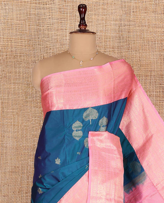 Blue Budget Silk Saree, Beautified with Tree Zari Buttas on Its Body, Complemented by a Contrast Traditional Zari Design Border, Pallu of Intricate Designs, and Paired with a Contrast Blouse