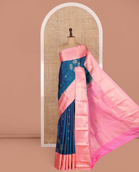 Blue Budget Silk Saree, Beautified with Tree Zari Buttas on Its Body, Complemented by a Contrast Traditional Zari Design Border, Pallu of Intricate Designs, and Paired with a Contrast Blouse