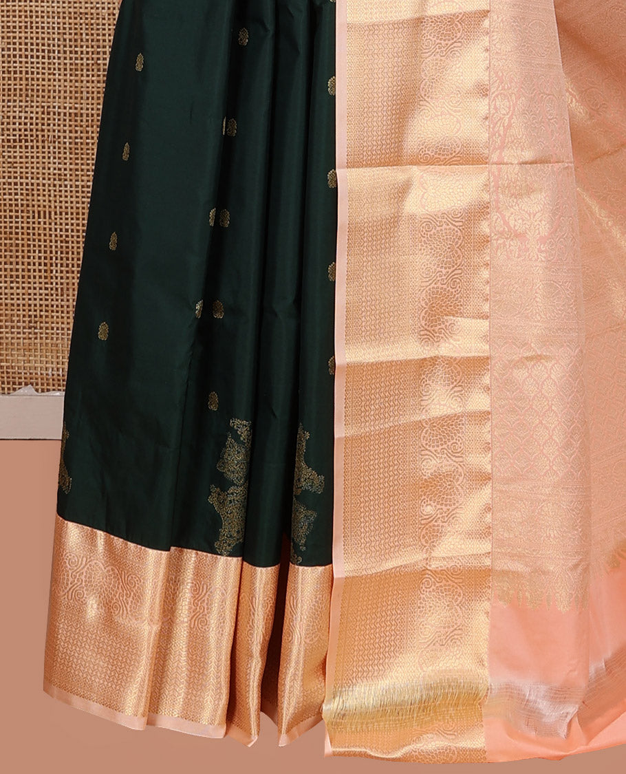 Deep Green Budget Silk Saree, Decorated with Zari Buttas on Its Body, Complemented by a Contrast Traditional Zari Design Border, Intricate Pallu, and Paired with a Contrast Blouse