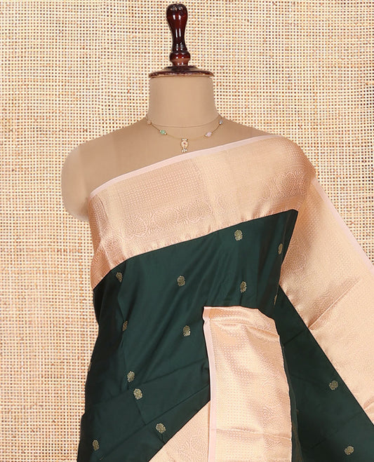 Deep Green Budget Silk Saree, Decorated with Zari Buttas on Its Body, Complemented by a Contrast Traditional Zari Design Border, Intricate Pallu, and Paired with a Contrast Blouse