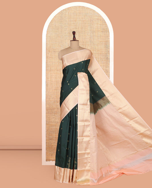 Deep Green Budget Silk Saree, Decorated with Zari Buttas on Its Body, Complemented by a Contrast Traditional Zari Design Border, Intricate Pallu, and Paired with a Contrast Blouse