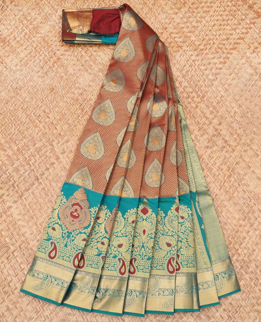 Maroon Budget Silk Saree, Graced with Jacquard Design, Complemented by Contrast Traditional Zari Woven Skirt Border, a Grand Pallu and a Contrast Blouse