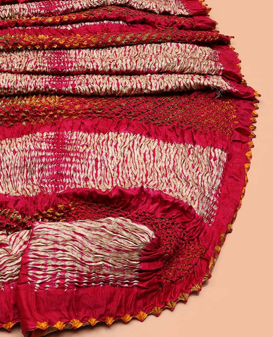 Borderless red tie-dye bandhani dotted bandhani silk saree, contrast Ajrakh printed pallu