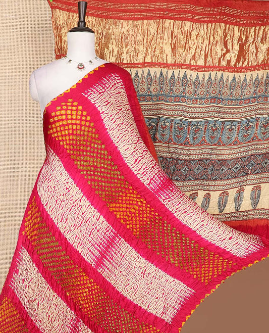 Borderless red tie-dye bandhani dotted bandhani silk saree, contrast Ajrakh printed pallu