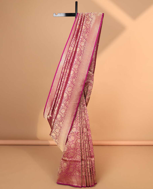 Pink floral jacquard banaras silk saree with self zari design border & floral design pallu