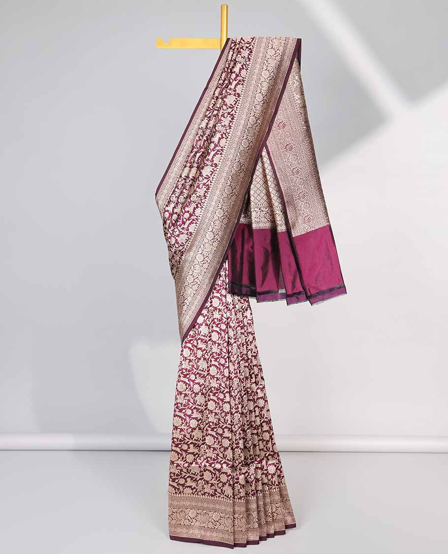 Red floral jacquard banaras silk saree with self intricate zari border & argyle pattern pallu