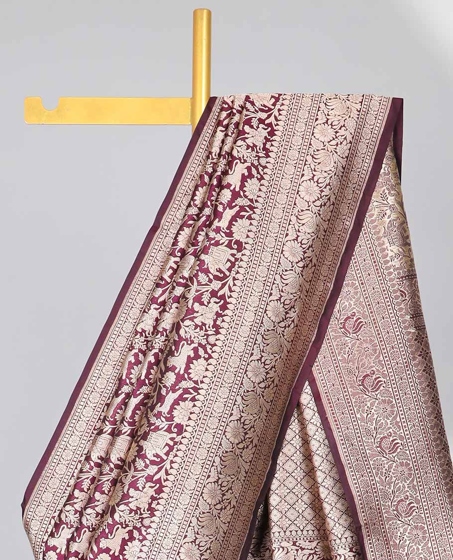 Red floral jacquard banaras silk saree with self intricate zari border & argyle pattern pallu