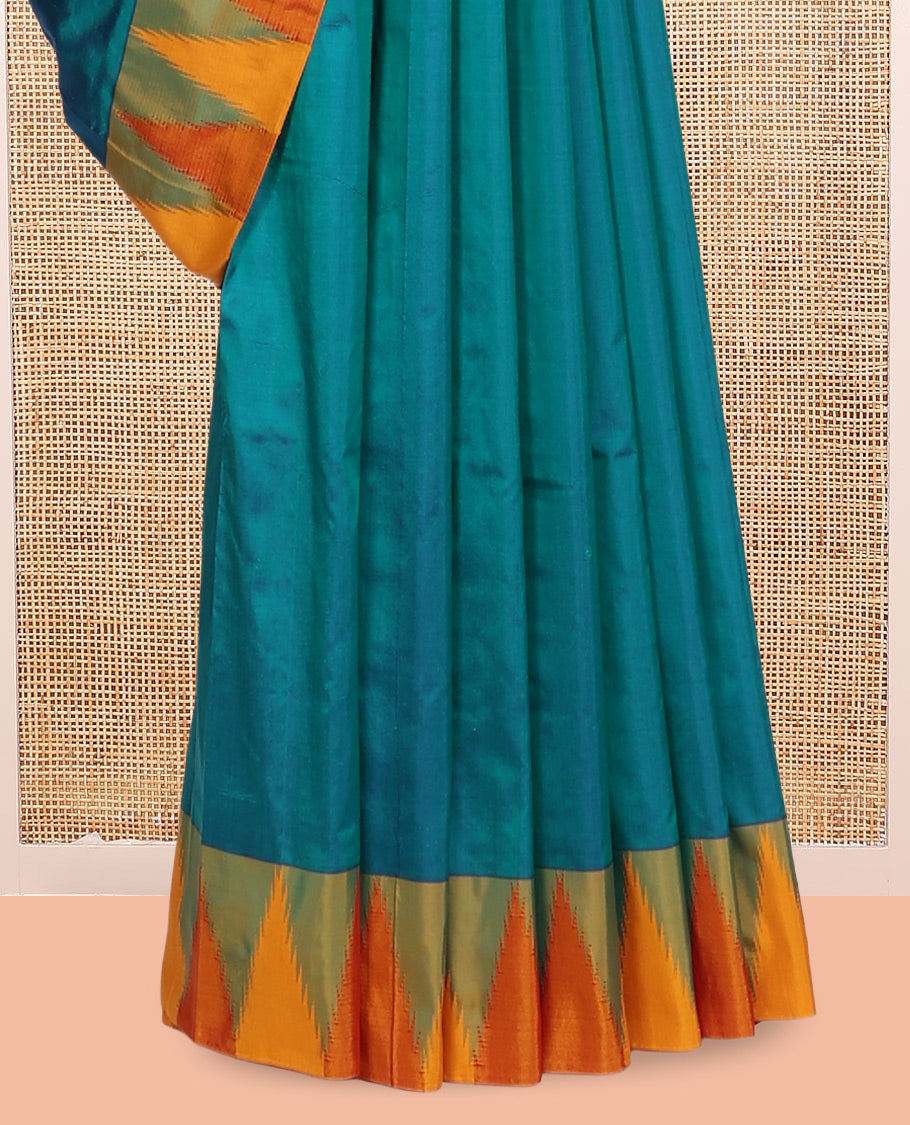 Blue Plain Bangalore Silk Saree, Complemented by a Contrast Temple Border, Striped Pallu, and Contrast Blouse