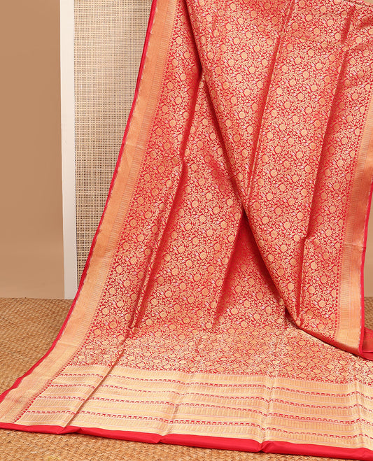Red floral jacquard banaras silk saree with self zari design border & intricate zari design pallu